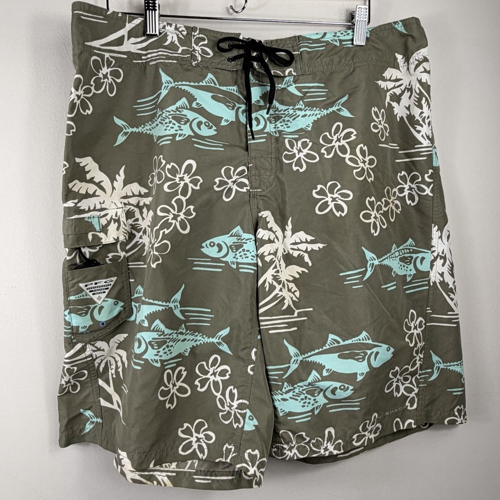 Columbia Board Shorts Mens 36 Olive Green Fish Palm PFG Omni-Shade Swim Trunks